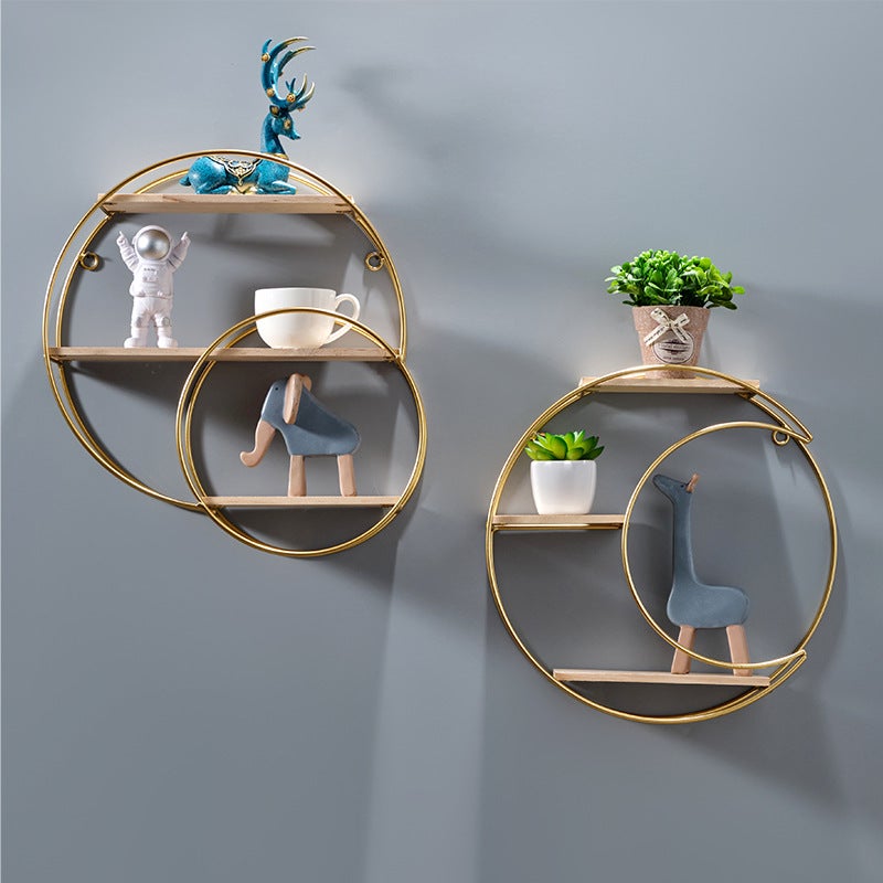 Nordic Ins Style Creative Restaurant Wall Decorative Rack Wall Storage Rack Milk Tea Shop Wall Storage Rack Punch-Free(Double round irregular three-layer shelf-gold) - Image 3