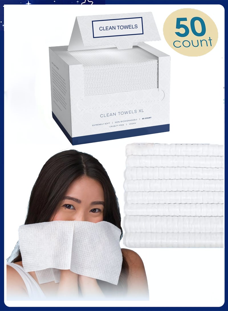 50 Count Disposable Face Towels – Ultra-Soft, Hygienic, Facial Cleansing Towels for Sensitive & Acne-Prone Skin, Biodegradable Makeup Remover Dry Wipes, Clean Facial Towels Wash Cloth, 25cm×30cm - Image 1