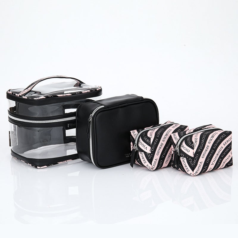 New PU Waterproof Striped Vanity Tote SetFour-piece set-black wave Four-piece set-black wave