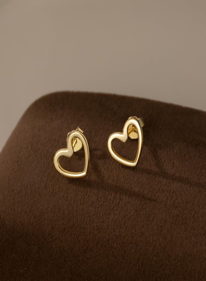 Reffeer Solid 925 Sterling Silver Open Heart Earrings Stud for Women Teen Girls Cute Heart Stud Earrings Hypoallergenic (B-Gold) - Image 4