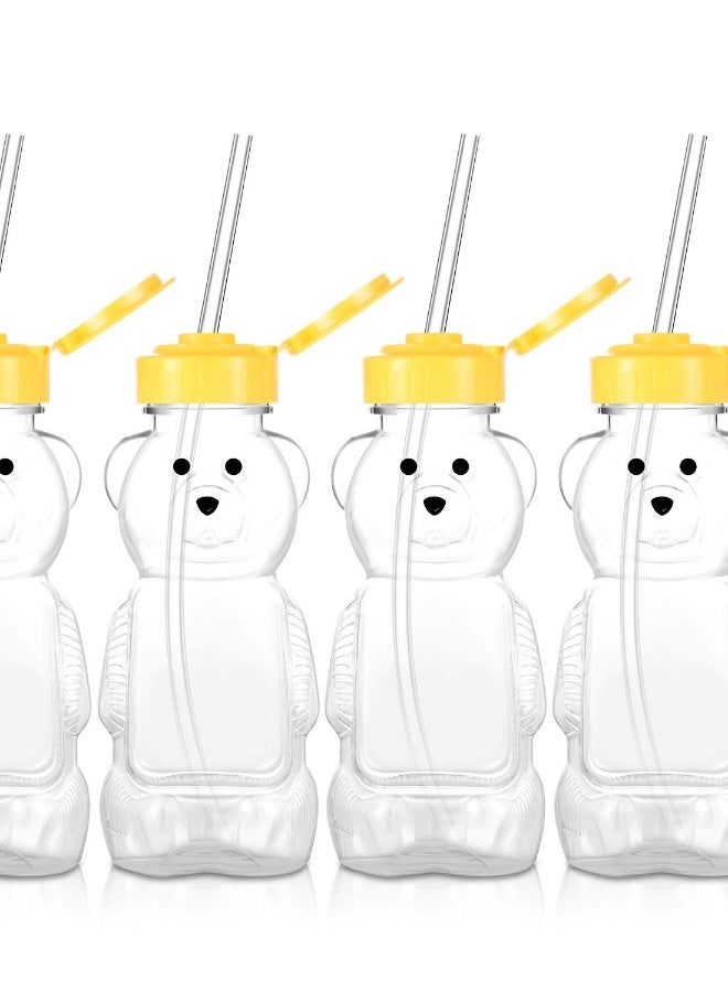 Set of 4 Honey Bear Juice Bottles with Soft Silicone Straws, Reusable Plastic Drinking Cups for Daily Use in Bright Yellow - Image 1