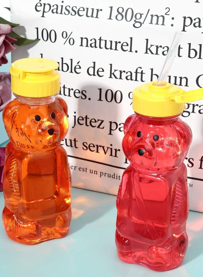 Set of 4 Honey Bear Juice Bottles with Soft Silicone Straws, Reusable Plastic Drinking Cups for Daily Use in Bright Yellow - Image 4