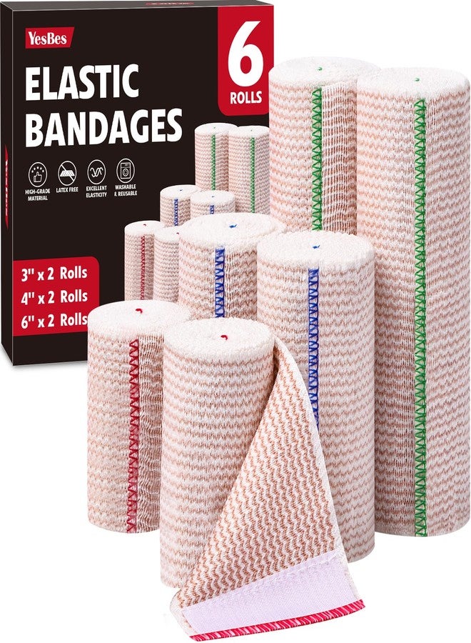YesBes 6 Pack Premium Elastic Bandage Wrap, 2x3in, 2x4in, 2x6in Cotton Latex Free Compression Bandage Wrap, Hook & Loop Fasteners at Both Ends, Lymphedema Wraps for Legs, Ankle, Knee, Tummy - Image 1