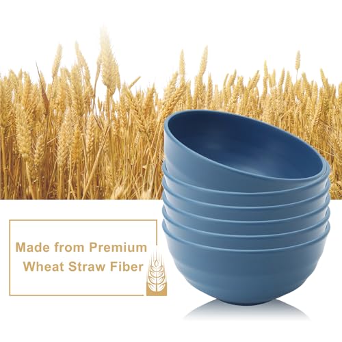 BUSOKIP Large Soup Bowl 60 OZ, Wheat Straw Bowl Set of 6, Large Plastic Bowls Rusable, Microwave Safe Big Bowl for Fruit, Salad, Popcorn, Serving Bowls for Kitchen, Picnic, RV - Bule - Image 3