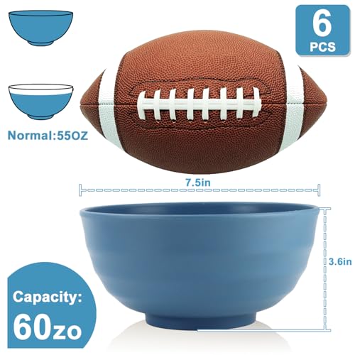BUSOKIP Large Soup Bowl 60 OZ, Wheat Straw Bowl Set of 6, Large Plastic Bowls Rusable, Microwave Safe Big Bowl for Fruit, Salad, Popcorn, Serving Bowls for Kitchen, Picnic, RV - Bule - Image 2