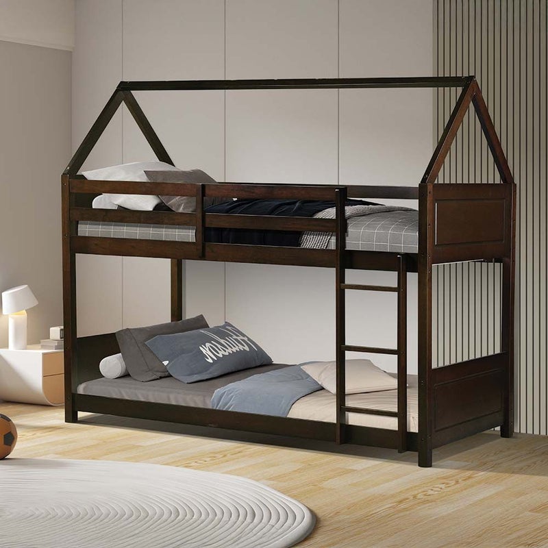 DANUBE HOME Derby House V2 90x200 Solid Wood Bunk Bed | Modern Design Wooden Kids Bunk Bed Frame Furniture | Comfortable Bed (Mattress Not Included) - Espresso - Image 1