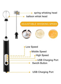 KADRAMA Milk Frother, USB Rechargeable Coffee Frother Electric Whisk, 3-Speed Adjustable Electric Foam Maker with 2 Stainless Steel Whisks, for Lattes, Frappe, Matcha, Hot Chocolate, Cake (Black)  - Image 2