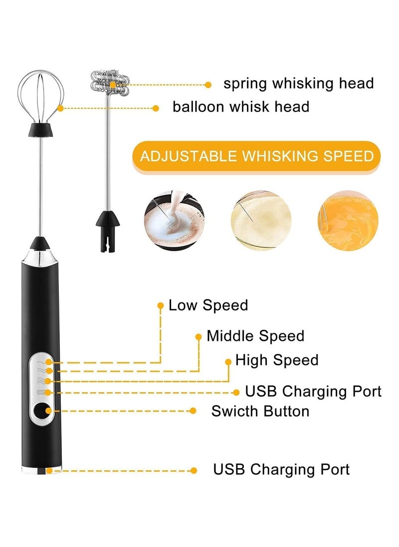 KADRAMA Milk Frother, USB Rechargeable Coffee Frother Electric Whisk, 3-Speed Adjustable Electric Foam Maker with 2 Stainless Steel Whisks, for Lattes, Frappe, Matcha, Hot Chocolate, Cake (Black)  - Image 2