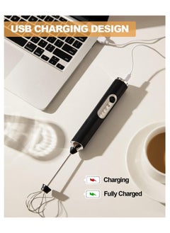 KADRAMA Milk Frother, USB Rechargeable Coffee Frother Electric Whisk, 3-Speed Adjustable Electric Foam Maker with 2 Stainless Steel Whisks, for Lattes, Frappe, Matcha, Hot Chocolate, Cake (Black)  - Image 4