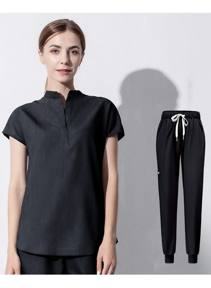 Loquat Medical Uniform Scrubs 2 Piece Set Stand Collar Top and Elastic Waist Jogger Pants Suit Black