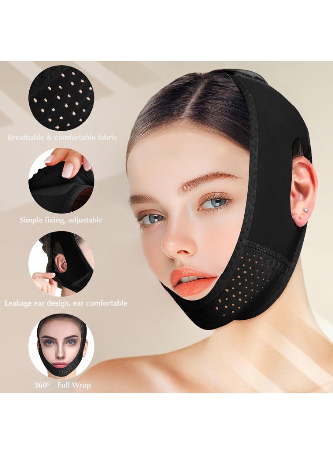 كيلا قناع رفع الوجه على شكل حرف V قابل لإعادة الاستخدام مع حزام للذقن، قناع وجه على شكل حرف V للترهل، تمرين الفك (أسود) - Image 4