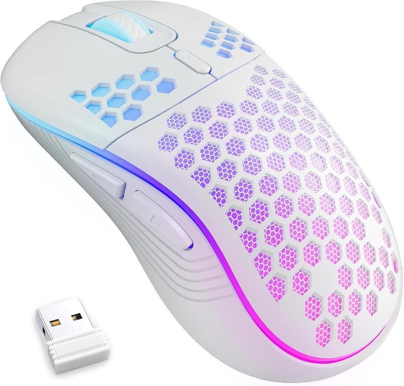 فأرة ألعاب لاسلكية من ، نموذج Honeycomb 2.4G، بتقنية USB لاسلكية، قابلة لإعادة الشحن، مزودة بأضواء LED متعددة الألوان (7 ألوان)، ودقة مسح (DPI) قابلة للتعديل (3 مستويات)، مناسبة لأجهزة الكمبيوتر المحمولة والمكتبية التي تعمل بنظام ويندوز – اللون الأبيض - Image 1