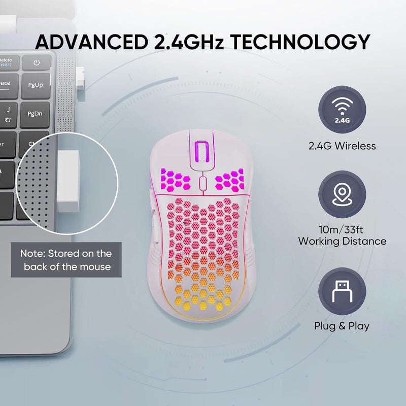 فأرة ألعاب لاسلكية من ، نموذج Honeycomb 2.4G، بتقنية USB لاسلكية، قابلة لإعادة الشحن، مزودة بأضواء LED متعددة الألوان (7 ألوان)، ودقة مسح (DPI) قابلة للتعديل (3 مستويات)، مناسبة لأجهزة الكمبيوتر المحمولة والمكتبية التي تعمل بنظام ويندوز – اللون الأبيض - Image 2
