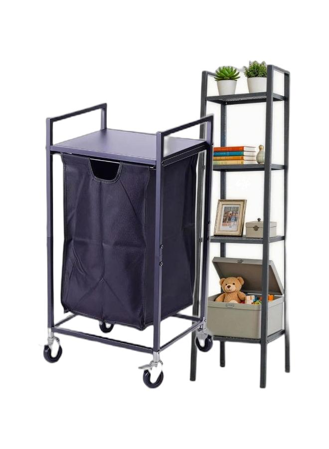 Laundry Hamper with Shelf, One-Section Laundry Basket with Removable Sliding Bags, Clothes Hamper with Wheels, Freestanding Laundry Sorter for Bathroom Bedroom Living Room Laundry Room & 4-Tier Ladder Shelf, Self-Supporting Bookcase with Storage Shelves, Corner Shelf for Home Office, Living Room, Kitchen, Bedroom, Black Bundle - Image 1