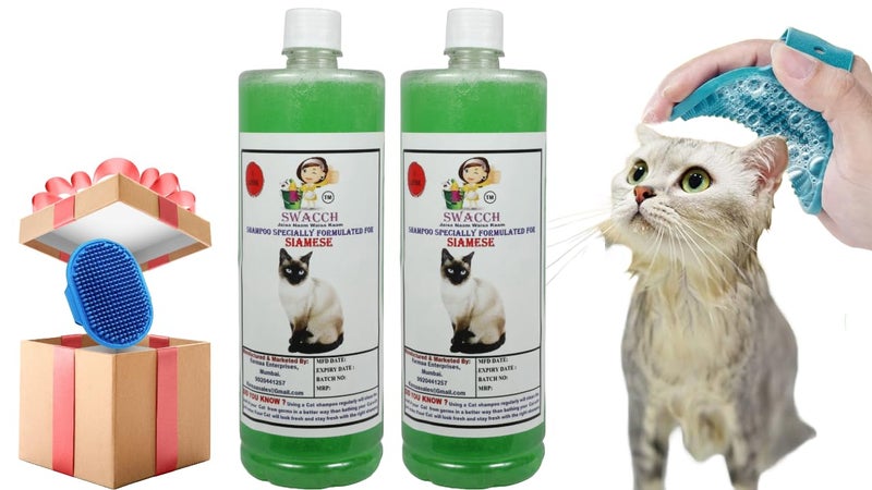 Swacch Siamese Cat Shampoo -1 Litre (Pack of 2) (Neem Alovera) + Bath Brush with Adjustable Straps Combo Pack - Image 1