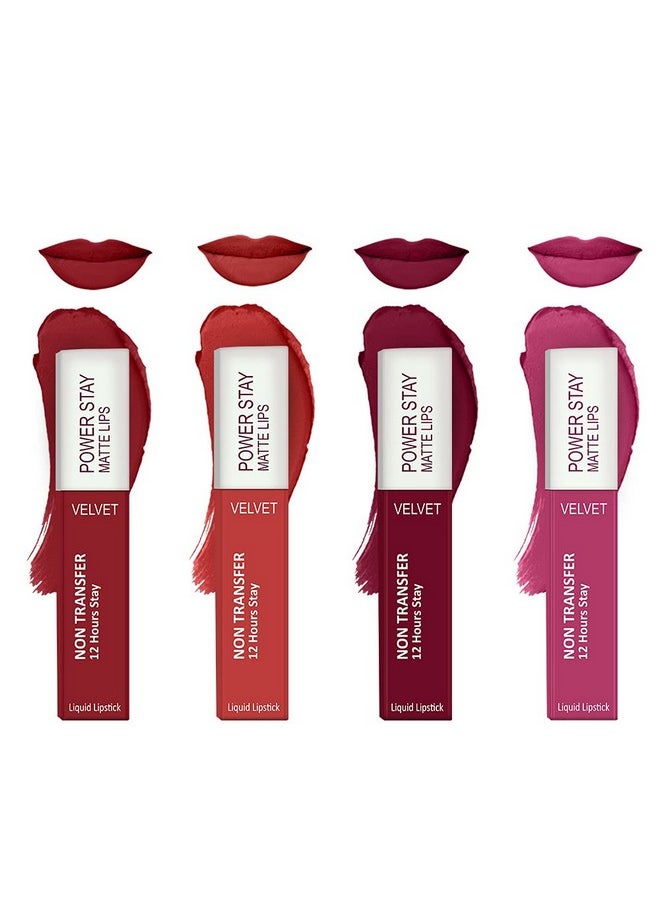 FORSURE - ® Liquid Matte Lipstick Waterproof Power Stay Lipstick Combo Of 4 (Upto 12 Hrs Stay) (Deep Red Bright Red Cherry Maroon Pink Blush) - Image 1