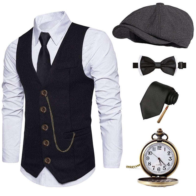 EFORLED Halloween 1920s Mens Costume, 2025 Great Gatsby Clothing,Roaring 20s Pocket Watch,Mafia Mobster Hat,TTDCS-M - Image 1