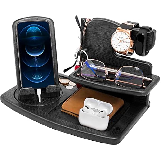 rayihni هدايا للرجال محطة شحن هاتف خشبية فريدة من نوعها منظم بجانب السرير هدايا للرجال للزوج والزوجة ذكرى الزواج هدايا عيد ميلاد للأب هدايا للرجال منضدة ليلية فكرة جهاز هدايا عيد الميلاد للأب - Image 1