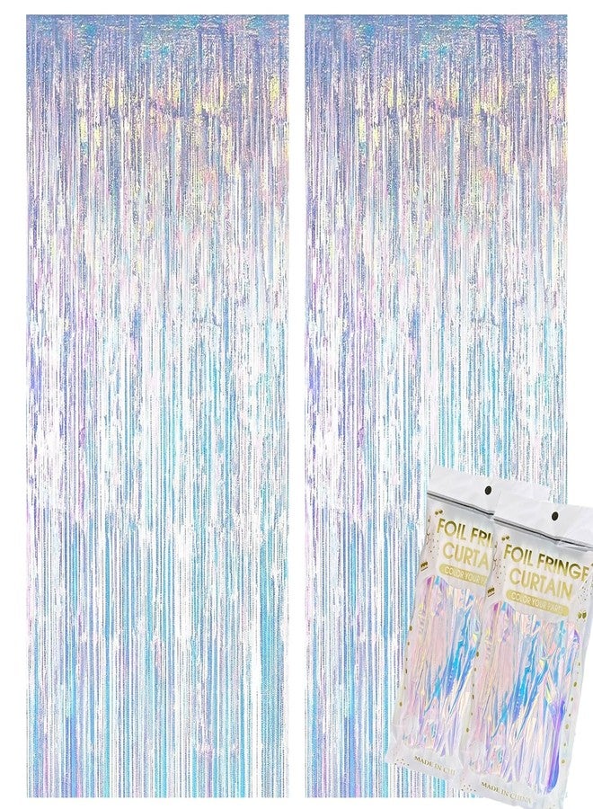 Favuit 2 Pack Iridescent Foil Curtain Backdrop, Holographic Tinsel Fringe Streamers Party Decorations Neon Transparent Tinsel Curtains for Photo Booth Birthday Wedding Holiday Celebration Decor - Image 1