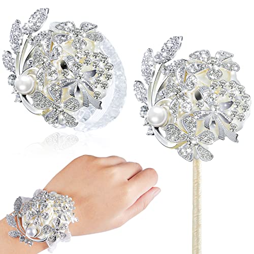 Yunsailing 2 Pcs Artificial Corsages Wrist Flower Rhinestone Wrist Corsage Artificial Silk Corsage Wedding Wrist Corsage for Wedding Boutonniere Wrist Flowers Party Bridal Shower (Silver Ivory) - Image 1