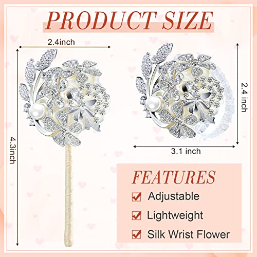 Yunsailing 2 Pcs Artificial Corsages Wrist Flower Rhinestone Wrist Corsage Artificial Silk Corsage Wedding Wrist Corsage for Wedding Boutonniere Wrist Flowers Party Bridal Shower (Silver Ivory) - Image 2