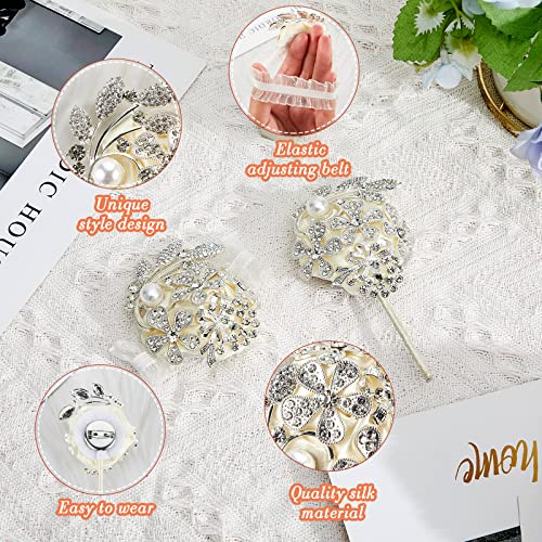 Yunsailing 2 Pcs Artificial Corsages Wrist Flower Rhinestone Wrist Corsage Artificial Silk Corsage Wedding Wrist Corsage for Wedding Boutonniere Wrist Flowers Party Bridal Shower (Silver Ivory) - Image 3