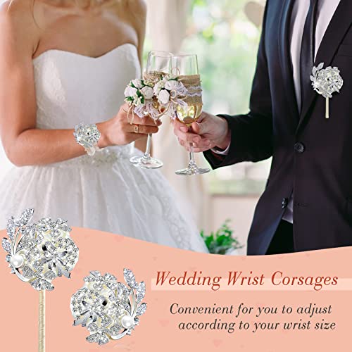 Yunsailing 2 Pcs Artificial Corsages Wrist Flower Rhinestone Wrist Corsage Artificial Silk Corsage Wedding Wrist Corsage for Wedding Boutonniere Wrist Flowers Party Bridal Shower (Silver Ivory) - Image 4