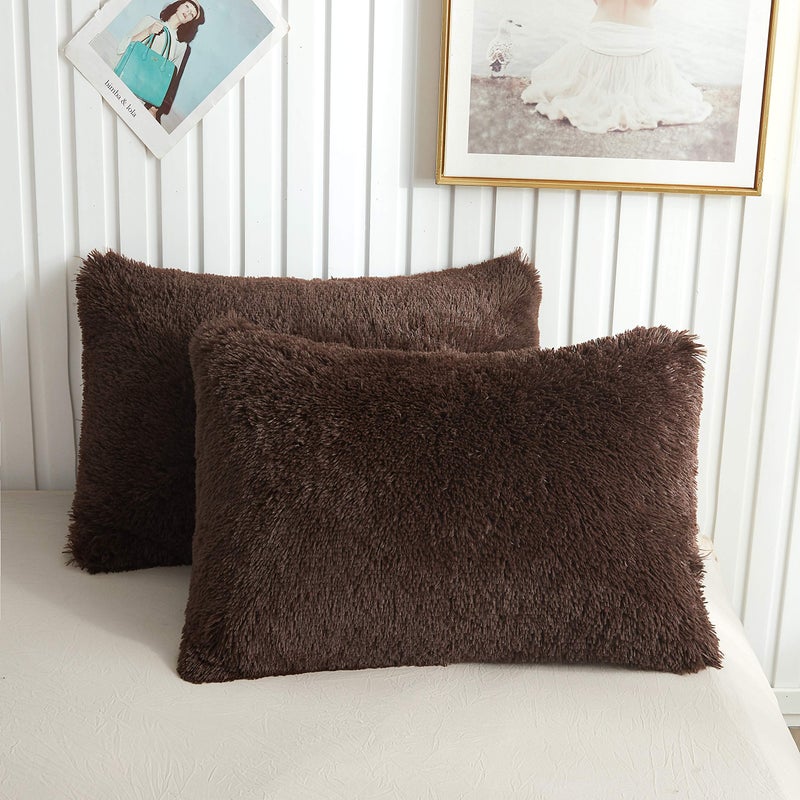 XeGe Faux Fur Brown Pillow Cases Plush Shaggy Ultra Soft Fluffy Velvet Decorative Pillowcases Furry Fuzzy Pillow Shams Zipper Closure Set of 2 KingCoffee