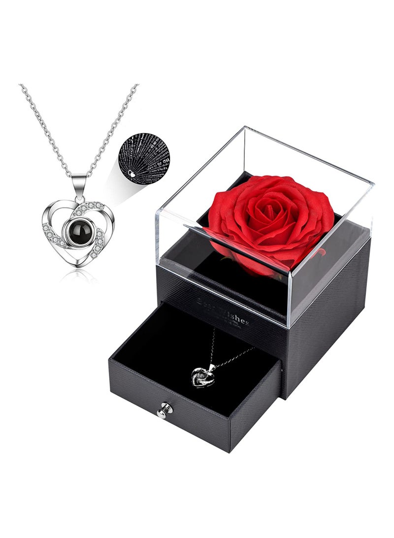 Eternal Rose Gift Box with Sterling Silver I Love You Necklace in 100 Languages, Handmade Forever Red Rose for Anniversary Birthday Gifts Teacher Gifts for Women Mum   Her - Image 2