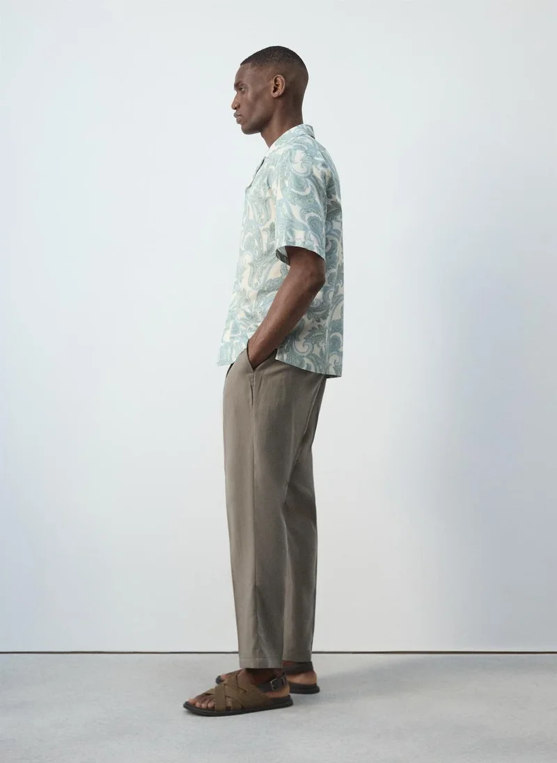 Mango Man 40-VERDE PASTEL Bowling Collar Cotton Shirt for Men | Best Price UAE