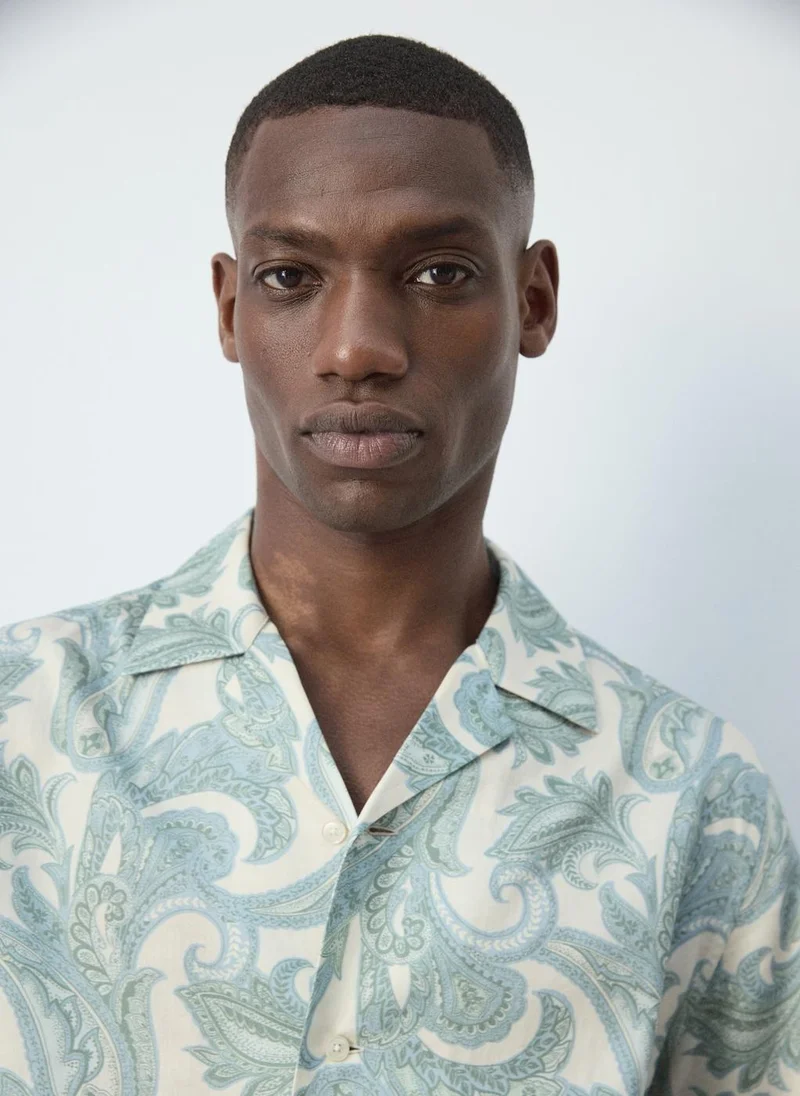 Mango Man 40-VERDE PASTEL Bowling Collar Cotton Shirt for Men | Best Price UAE