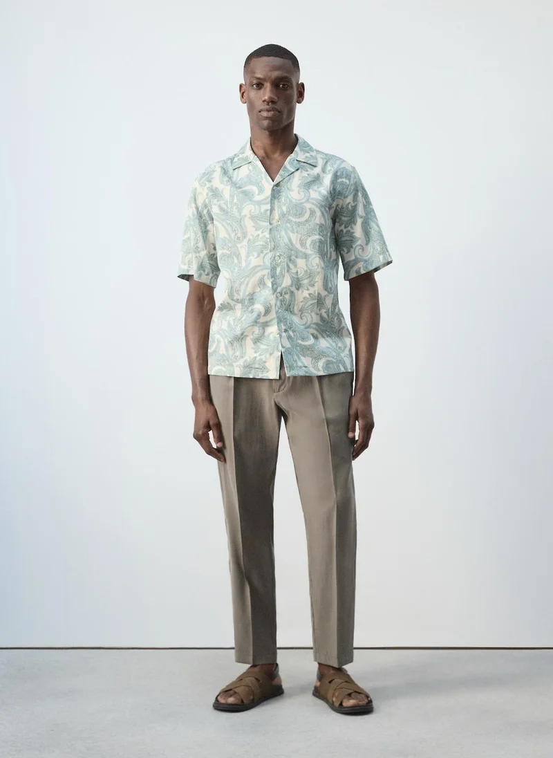 Mango Man 40-VERDE PASTEL Bowling Collar Cotton Shirt for Men | Best Price UAE