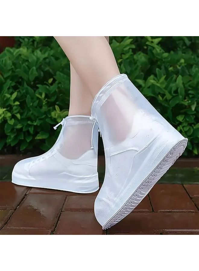 White Waterproof PVC Shoe Covers Anti Slip Reusable Rain Boot Protectors With Dual Zipper - Image 4