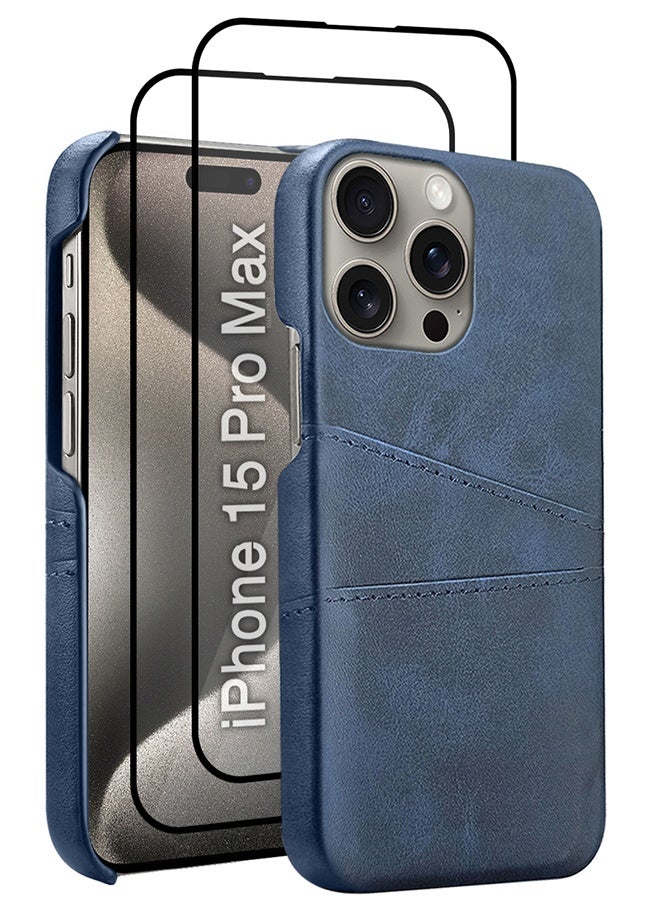CATANES iPhone 15 Pro Max 3Packs Case Cover Leather with Card Holder for Men Women Phone Case with 3D Screen Protector  - Blue  - Image 1
