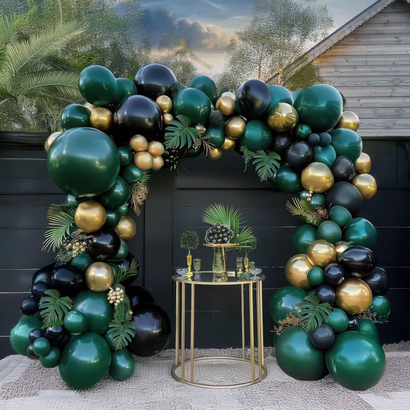 kozee Emerald Green and gold black Balloon Garland Arch Kit Luxury Double Stuffed Dark Green Teal With Palm leaves for Summer luau hawaiian Aloha Jungle Birthday Decorations - Image 2