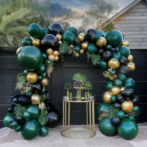 kozee Emerald Green and gold black Balloon Garland Arch Kit Luxury Double Stuffed Dark Green Teal With Palm leaves for Summer luau hawaiian Aloha Jungle Birthday Decorations - Image 1