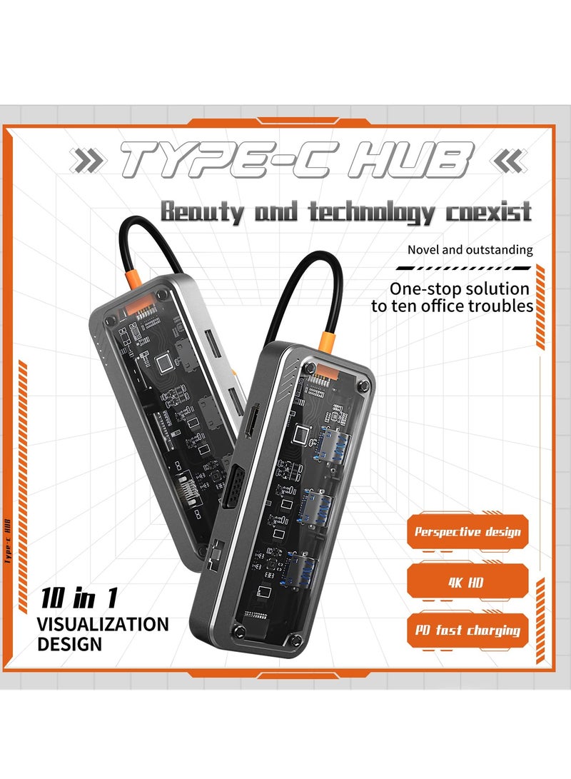 Excefore USB C HUB, 10-in-1 USB C Adapter Docking Station with 4K HDMI, VGA, Type C PD, USB3.0, RJ45 Ethernet, SD/TF Card Reader, 3.5mm AUX, Multiport Adapter for MacBook Pro/Air, XPS, Type C Devices - Image 4