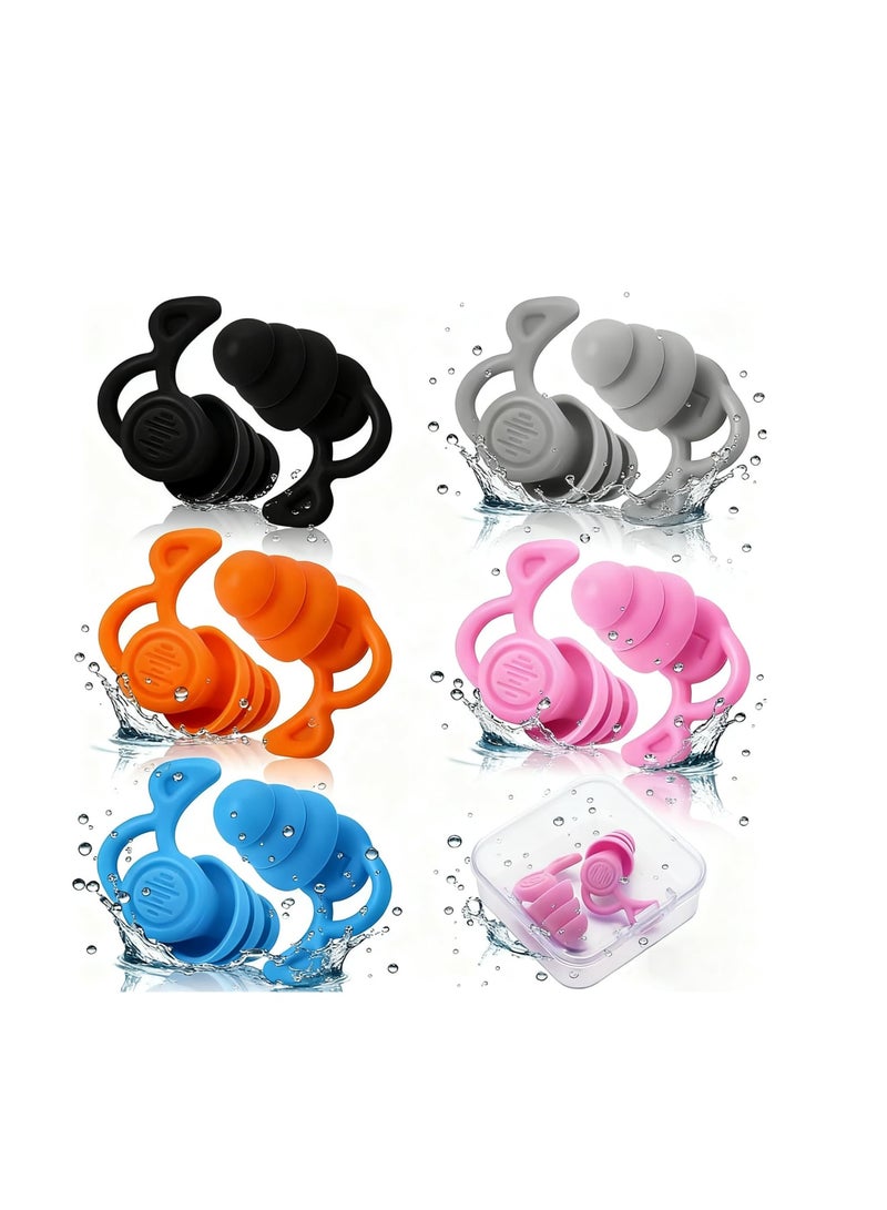 Barakah 5 Pairs Swimming Ear Plugs, Silicone Soft Reusable Waterproof Earplugs for Swimming, Surfing, Showering, Diving, Snorkeling – Comfortable and Secure Fit with Storage Cases (Multicolor) - Image 1