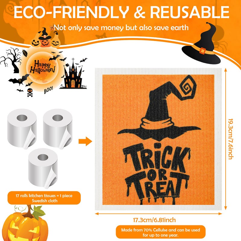 Honeydak 6 Pcs Halloween Swedish Dish Towels Ghost Pumpkin Swedish Kitchen Dishcloths Washable Reusable Halloween Dish Cloths Witch Absorbent Fast Drying Cleaning Cloth for Home Party Decor - Image 2