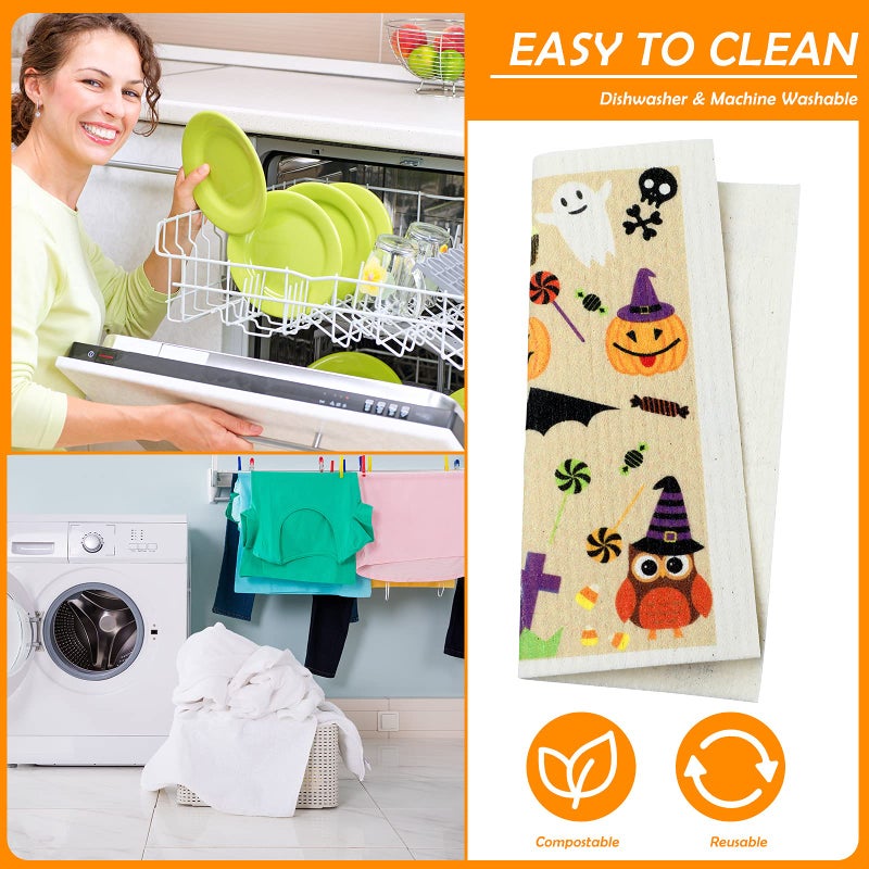 Honeydak 6 Pcs Halloween Swedish Dish Towels Ghost Pumpkin Swedish Kitchen Dishcloths Washable Reusable Halloween Dish Cloths Witch Absorbent Fast Drying Cleaning Cloth for Home Party Decor - Image 4