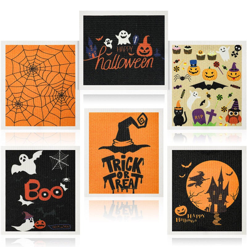 Honeydak 6 Pcs Halloween Swedish Dish Towels Ghost Pumpkin Swedish Kitchen Dishcloths Washable Reusable Halloween Dish Cloths Witch Absorbent Fast Drying Cleaning Cloth for Home Party Decor - Image 1