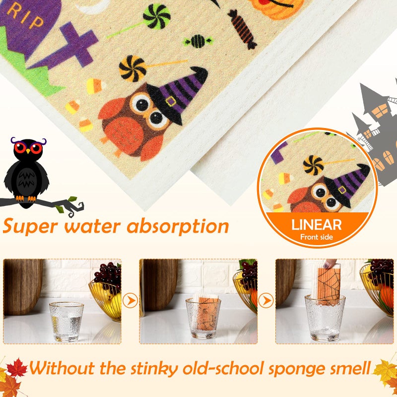 Honeydak 6 Pcs Halloween Swedish Dish Towels Ghost Pumpkin Swedish Kitchen Dishcloths Washable Reusable Halloween Dish Cloths Witch Absorbent Fast Drying Cleaning Cloth for Home Party Decor - Image 5