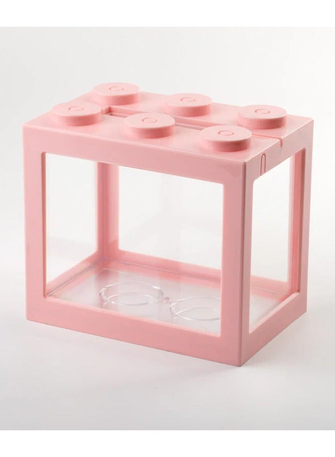 Rubik DIY Mini Betta Fish Tank,Small Transparent Fish Aquarium Stackable Tank, Aquarium Lego Design Block Type (Pink) - Image 1