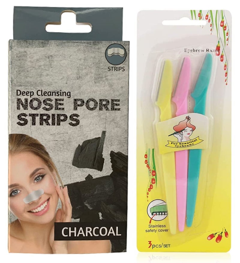 Generic Charcoal Nose Strips Blackhead Remover Pore Strips for Nose 5PCS Charcoal Deep Cleansing Nose Strips for Blackhead and Whitehead Removal Oily Skin Instant Pore Strips with 3Pcs Facial Razor  - Image 1