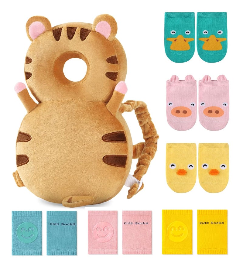 JunNeng Toddler Baby Head Protector Backpack for Toddler Walker with Knee Pads&Anti-Slip Socks, Tiger - Image 1