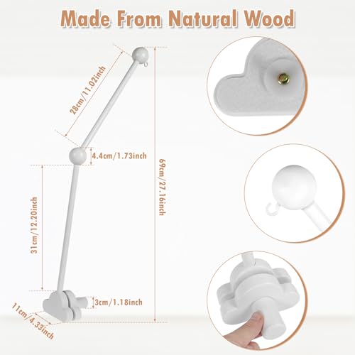Abizarch 27inch Baby Crib Mobile Arm, Wooden Crib Mobile Holder, Angle Height Cot Mobile Arm, Crib Mobile Bed Bell Holder,Nursery Mobile Hanger-(Only arm- no mobile) (white) - Image 4