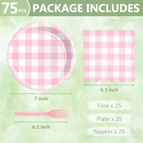 Mulbozy 75 Pink Gingham Plates and Napkins Disposable Set Includes Dessert Cake Scalloped Plates, Cocktail Napkins, Forks for for Holiday Party Supplies - Image 2