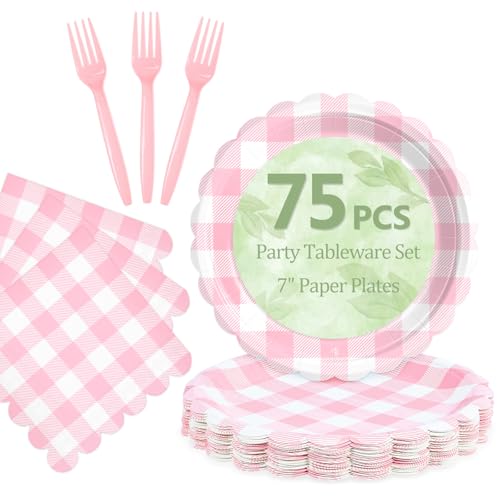 Mulbozy 75 Pink Gingham Plates and Napkins Disposable Set Includes Dessert Cake Scalloped Plates, Cocktail Napkins, Forks for for Holiday Party Supplies - Image 1