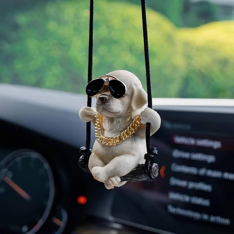 REWOP Cute Dog Car Hanging Accessory Swinging Dog Rear View Mirror Car Ornament Labrador Car Pendant Cute Car Accessories Gift Item for Men, Women, Couples (White) - Image 2