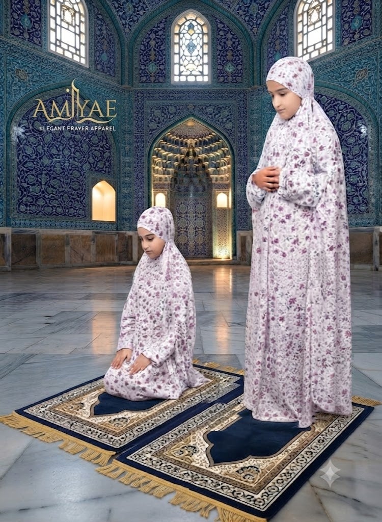 AMYAE Girls' Prayer Set with Hijab – Modest Prayer Outfit for Girls with Floral Print | Girls' Jilbab for Prayer - Image 1